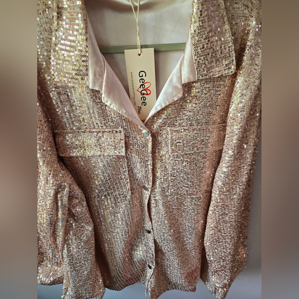 GeeGee Plus Rose Gold Sequin Shacket Button Down Jacket 3XL NWT - Picture 2 of 9